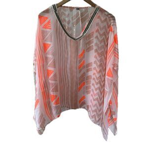 MRP Mr Price Embellished Trim Sheer Tribal Print Kaftan Swim Cover Up One Size